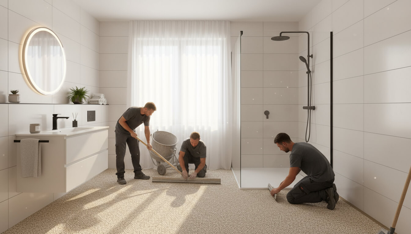 Steinteppich im Badezimmer mit Dusche